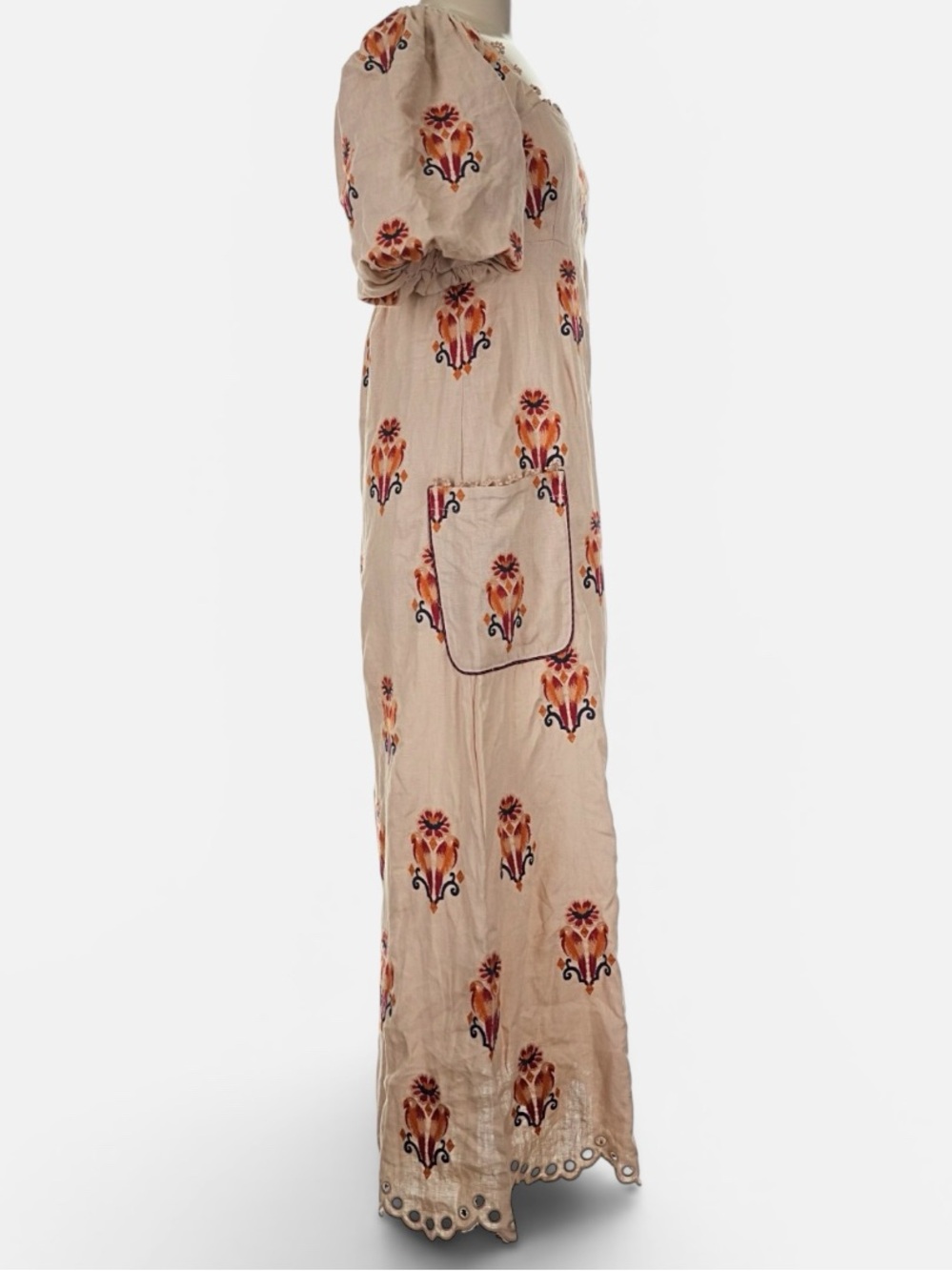 Farm Rio Rose Embroidered Macaw Maxi Dress in Beige Multi | M - Picture 11 of 16